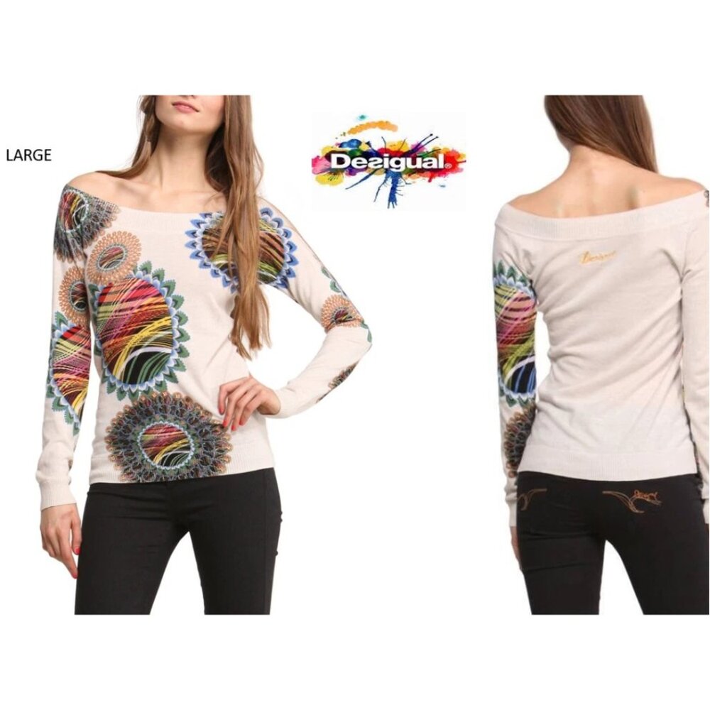 Large Desigual Beige Lekan Knit Pullover Sweater Top